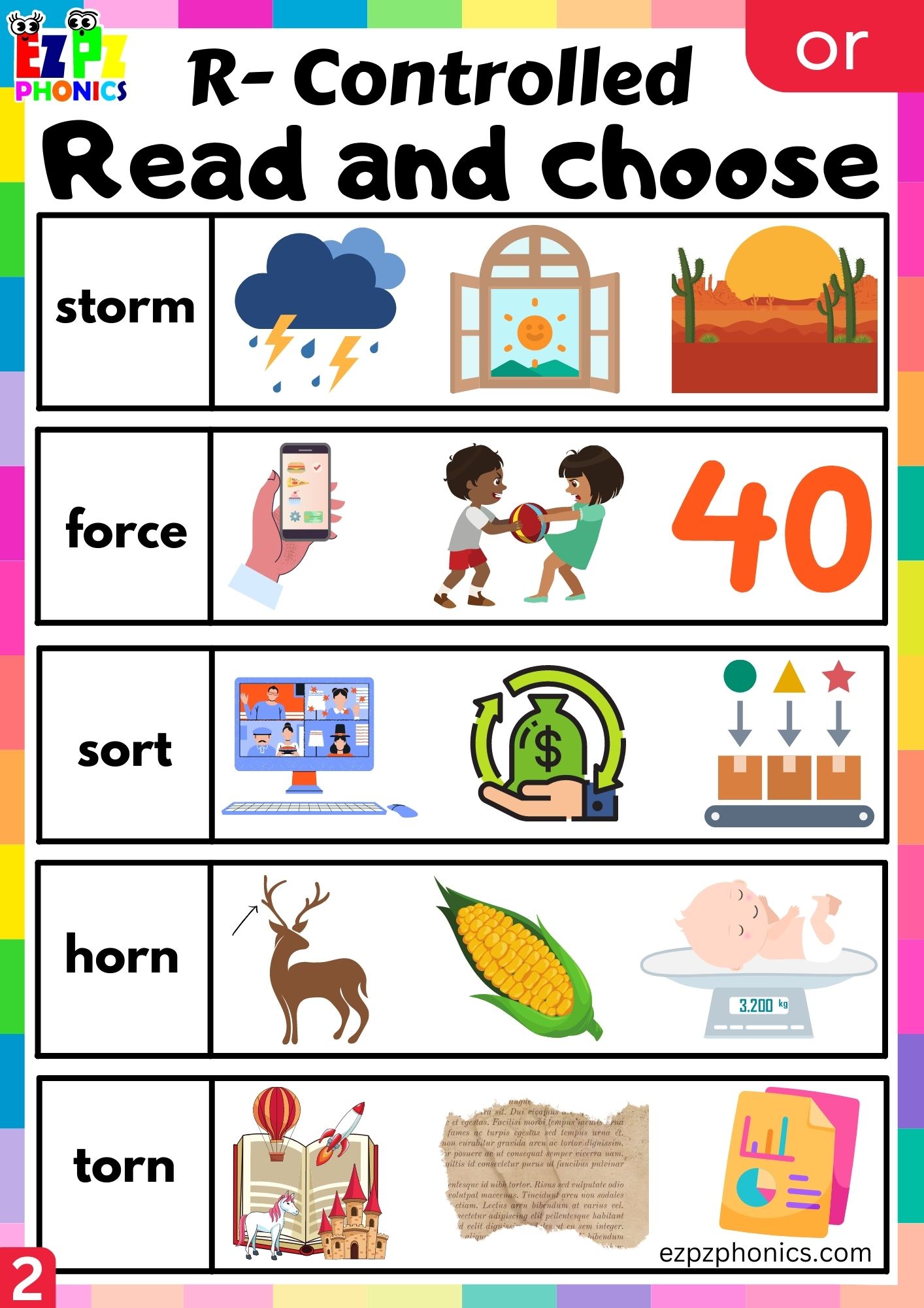 Read and choose worksheet for or words R Controlled Vowels Phonics group 2